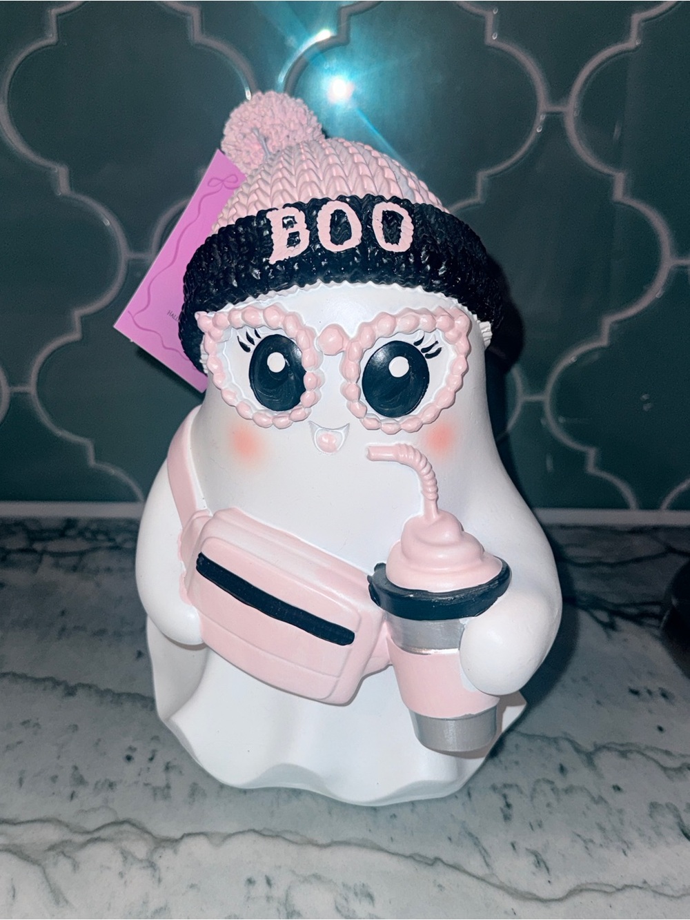 Chic Pink & Black 'BOO' Ghost Holiday Figurine~MISS SASSY!